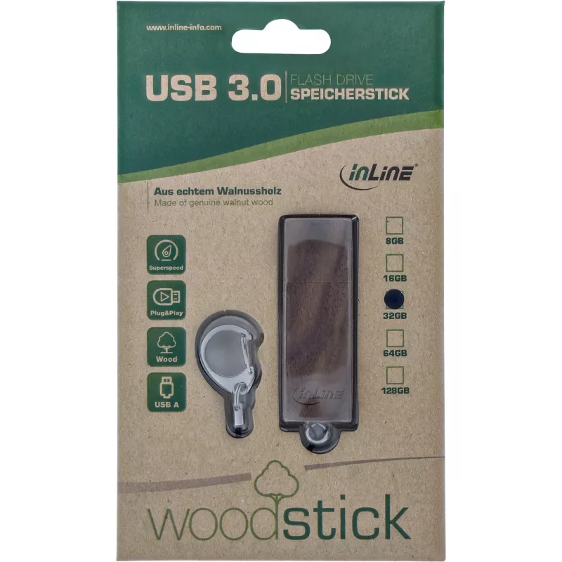 InLine USB 3.0 zibatmiņa, valrieksta koka apdare, ar atslēgu piekariņu, 128 GB