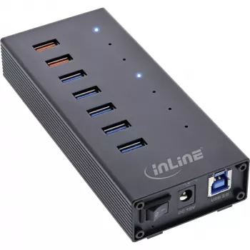 InLine USB 3.2 Gen.1 7 portu centrmezgls alumīnija korpusā ar 2,5A barošanas bloku, melns
