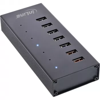 InLine USB 3.2 Gen.1 7 portu centrmezgls alumīnija korpusā ar 2,5A barošanas bloku, melns