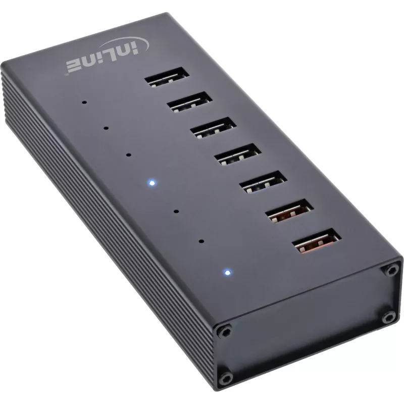 InLine USB 3.2 Gen.1 7 portu centrmezgls alumīnija korpusā ar 2,5A barošanas bloku, melns