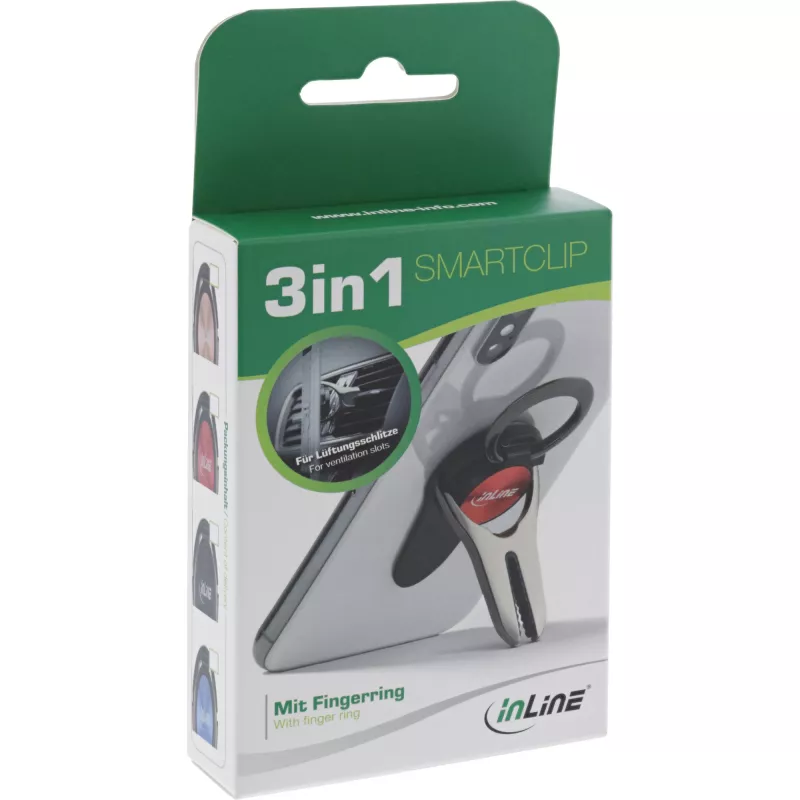 InLine viedtālruņa 3-in-1 automašīnas turētājs, statīvs, pirksta cilpa, melns