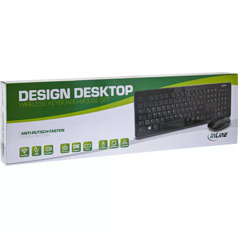 InLine Design galda komplekts, USB 2,4 GHz, maks. 1600 dpi, melns, VĀCU