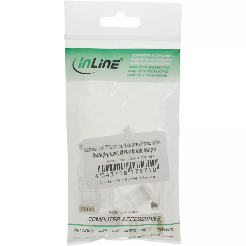 InLine modulārais spraudnis 10P10C rietumu ligzdas presēšanai uz lentes kabeļa, caurspīdīga plastmasa, 10 gab.