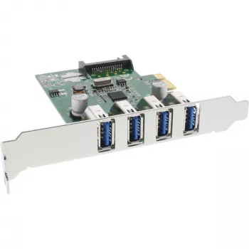 InLine USB 3.0 4 portu resursdatora kontrolieris PCIe, iekļauts zema profila kronšteins un 4 kontaktu papildu barošana