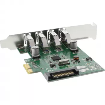 InLine USB 3.0 4 portu resursdatora kontrolieris PCIe, iekļauts zema profila kronšteins un 4 kontaktu papildu barošana