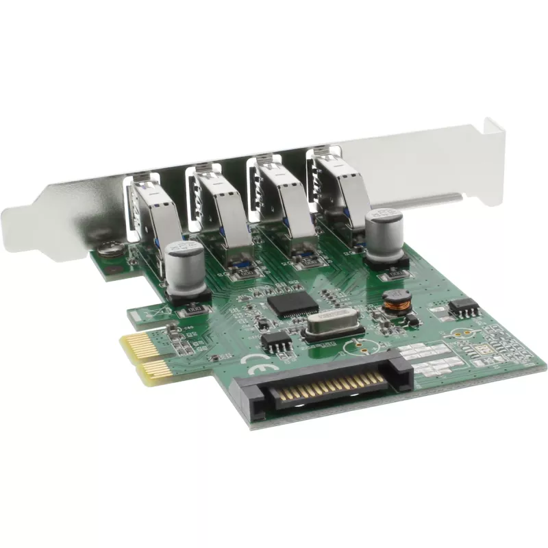 InLine USB 3.0 4 portu resursdatora kontrolieris PCIe, iekļauts zema profila kronšteins un 4 kontaktu papildu barošana