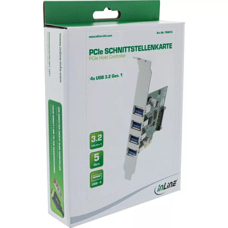 InLine USB 3.0 4 portu resursdatora kontrolieris PCIe, iekļauts zema profila kronšteins un 4 kontaktu papildu barošana