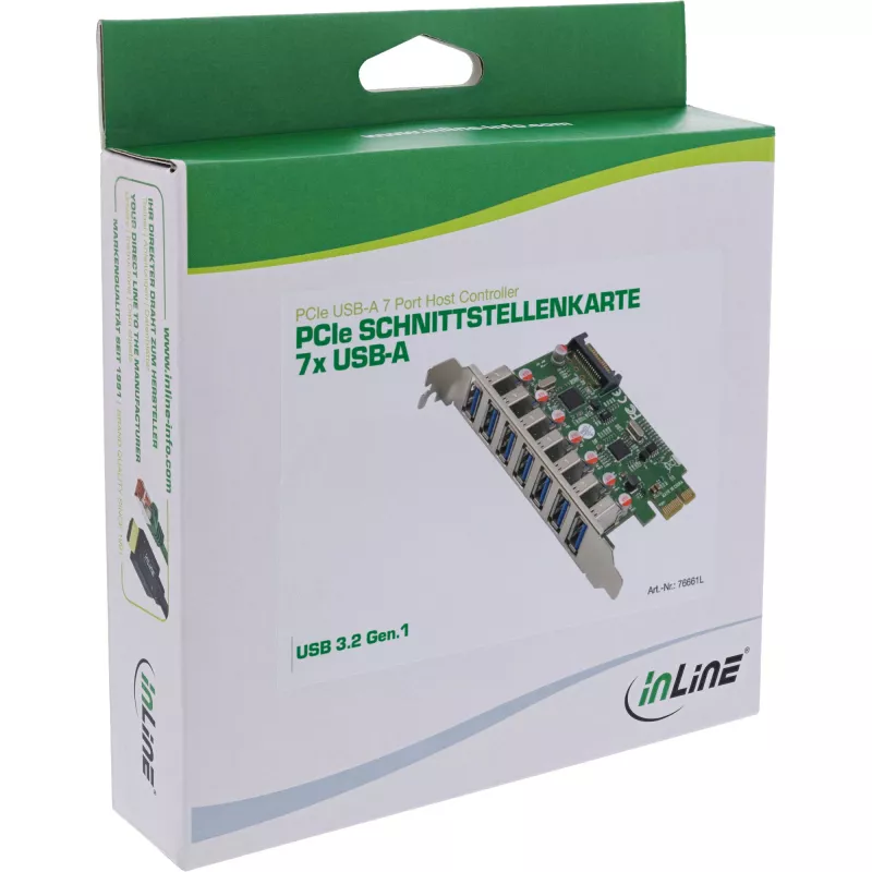 InLine USB-A 3.2 Gen.1 7 portu resursdatora kontrolieris PCIe, SATA barošana