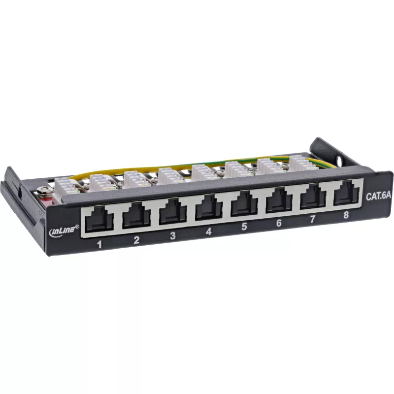 InLine Patch panel Cat.6A 0.5U 8 porti, galda/sienas/sliedes, melns, putekļu aizsardzība