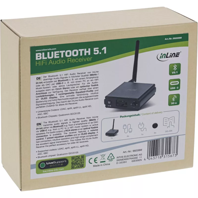 InLine Bluetooth 5.1 HiFi uztvērējs un USB DAC ar LCD, diapazons 30 m