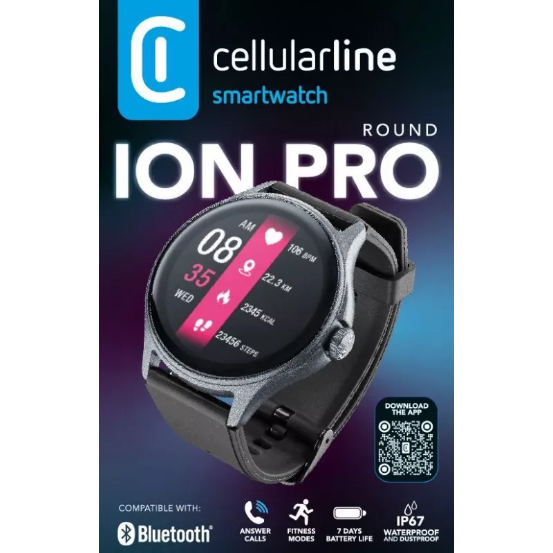 Cellularline ION PRO Round Bluetooth® viedpulkstenis ar lietotni, 3,51 cm (1,38 collas), TFT, skārienjūtīgs ekrāns, 0,00064 GB, 98 g