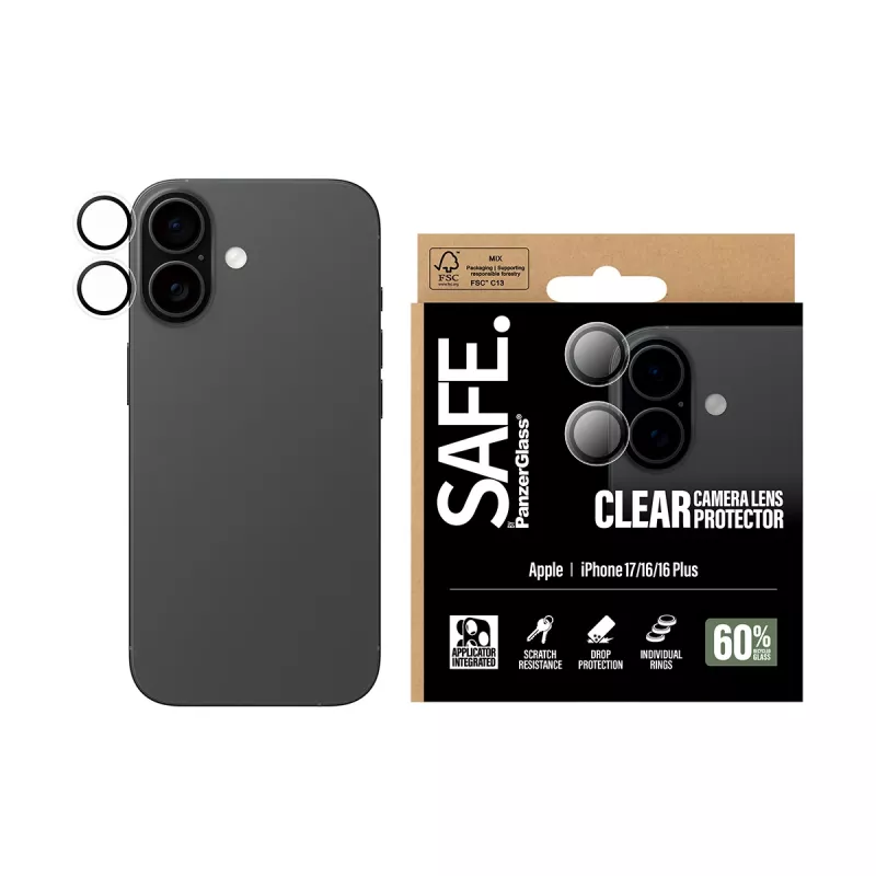 Kameras lēcas aizsargs PanzerGlass SAFE iPhone 17 16 16 Plus Pret skrāpējumiem Triecienizturīgs Caurspīdīgs
