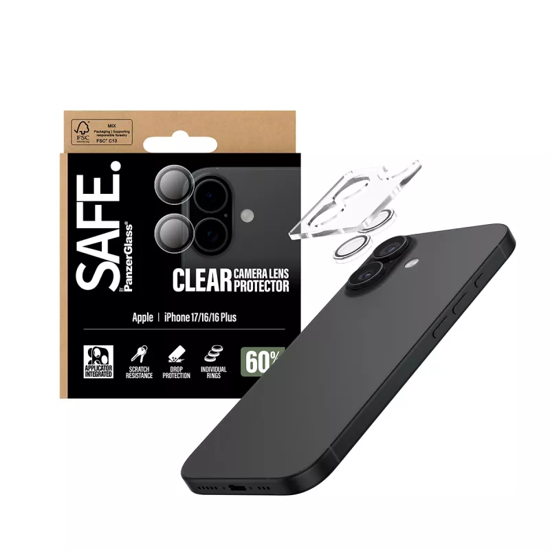 Kameras lēcas aizsargs PanzerGlass SAFE iPhone 17 16 16 Plus Pret skrāpējumiem Triecienizturīgs Caurspīdīgs