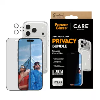 PanzerGlass CARE privātuma aizsargapvalks iPhone 17 Pro — 3-in-1, privātuma aizsardzība, integrēts kameras vāciņš