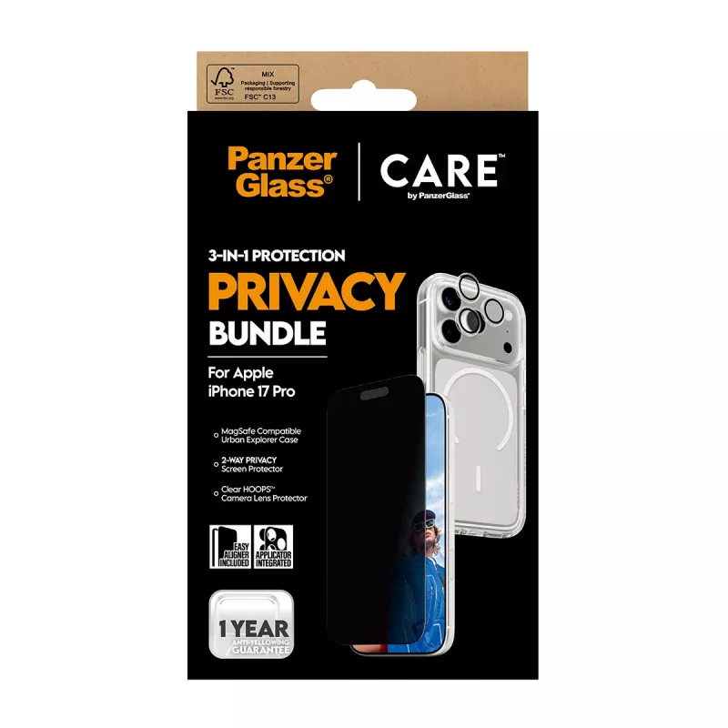PanzerGlass CARE privātuma aizsargapvalks iPhone 17 Pro — 3-in-1, privātuma aizsardzība, integrēts kameras vāciņš