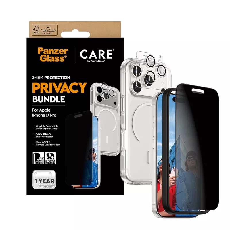 PanzerGlass CARE privātuma aizsargapvalks iPhone 17 Pro — 3-in-1, privātuma aizsardzība, integrēts kameras vāciņš