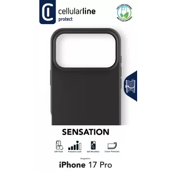 Cellularline Sensation - iPhone 17 Pro īpaši mīksts silikona maciņš ar mīkstpieskāriena apdari, lieliski piemērots, lai aizsargātu katru jūsu iPhone 17 Pro detaļu ar eleganci un komfortu.