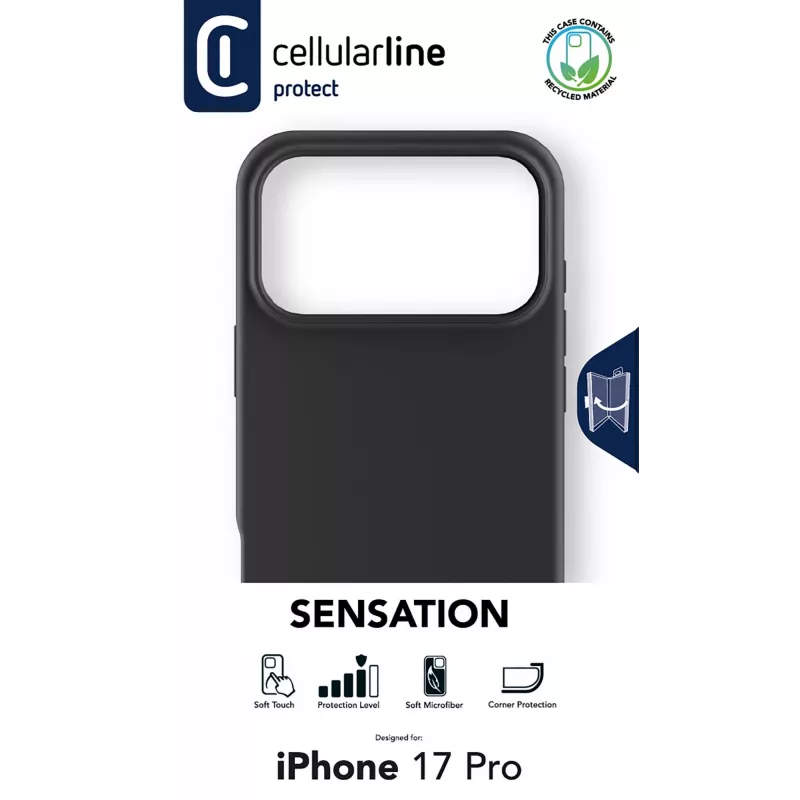 Cellularline Sensation - iPhone 17 Pro īpaši mīksts silikona maciņš ar mīkstpieskāriena apdari, lieliski piemērots, lai aizsargātu katru jūsu iPhone 17 Pro detaļu ar eleganci un komfortu.