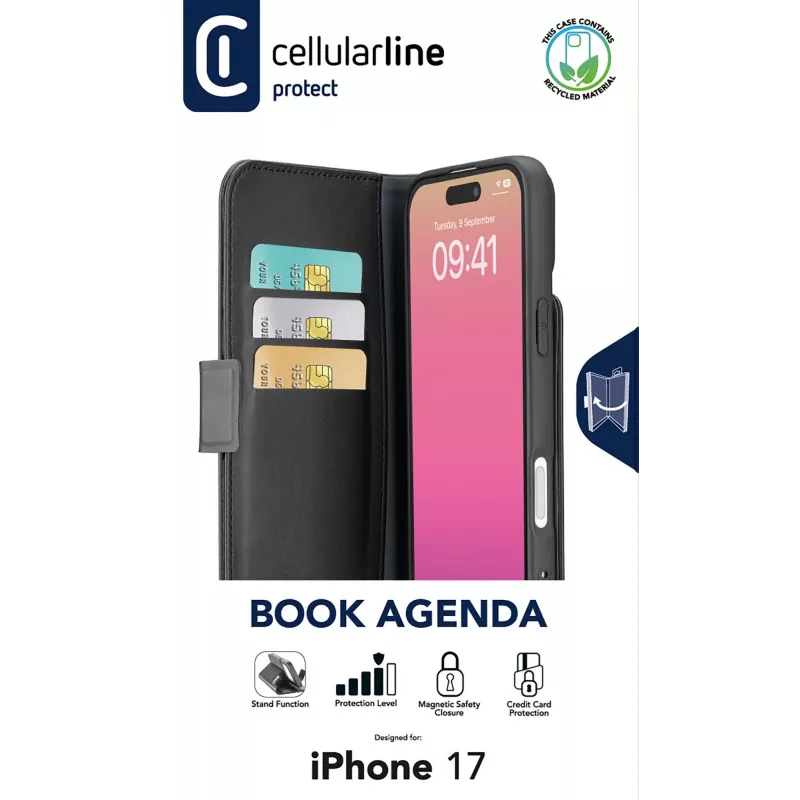 Cellularline Book Agenda - iPhone 17 ādas efekta grāmatveida vāciņš ar magnētisko aizdari