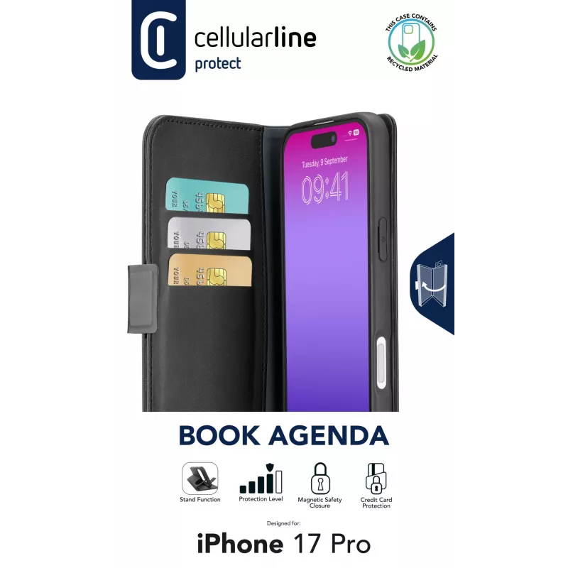 Cellularline Book Agenda - iPhone 17 Pro ādas efekta grāmatiņas vāciņš ar magnētisko aizdari