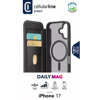 Cellularline Daily Mag - iPhone 17 grāmatveida vāciņš ar daļēji caurspīdīgu cieto aizmuguri, kas saderīgs ar MagSafe® ekosistēmu