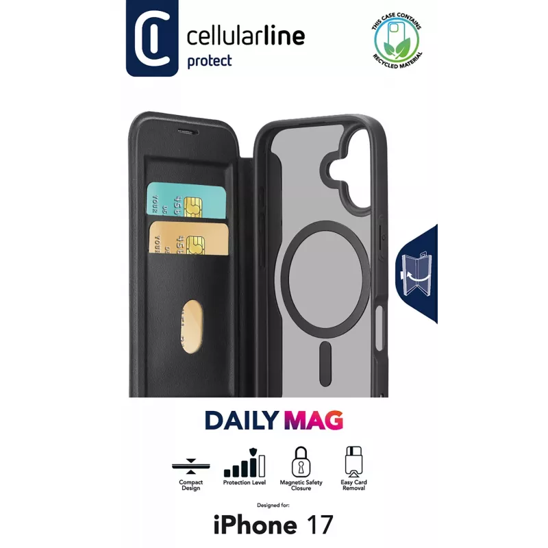 Cellularline Daily Mag - iPhone 17 grāmatveida vāciņš ar daļēji caurspīdīgu cieto aizmuguri, kas saderīgs ar MagSafe® ekosistēmu