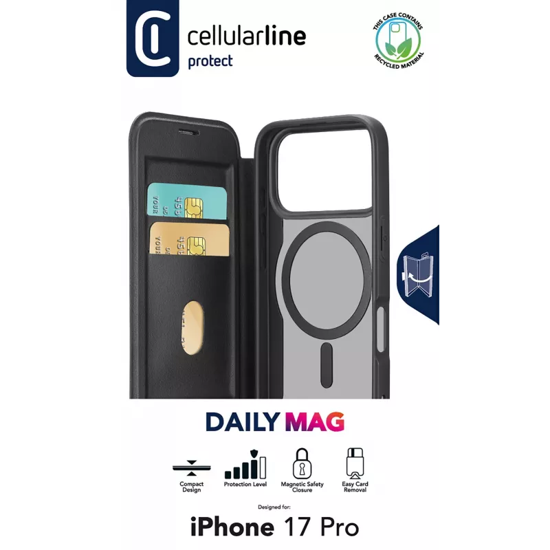 Cellularline Daily Mag - iPhone 17 Pro Book cover with semi-transparent hard back Saderīga with Magsafe® ecosystem