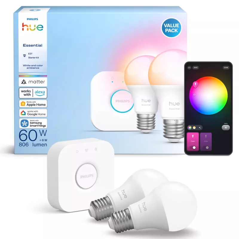 Philips Hue balta and colour ambience Essential starter komplekts: 2 viedās E27 spuldzes (806 lm)