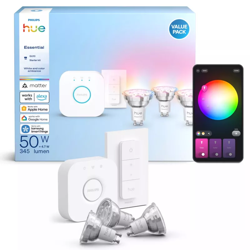 Philips Hue balta and colour ambience Essential starter kit: 3 GU10 viedās spuldzes (345 lm) + dimmera slēdzis