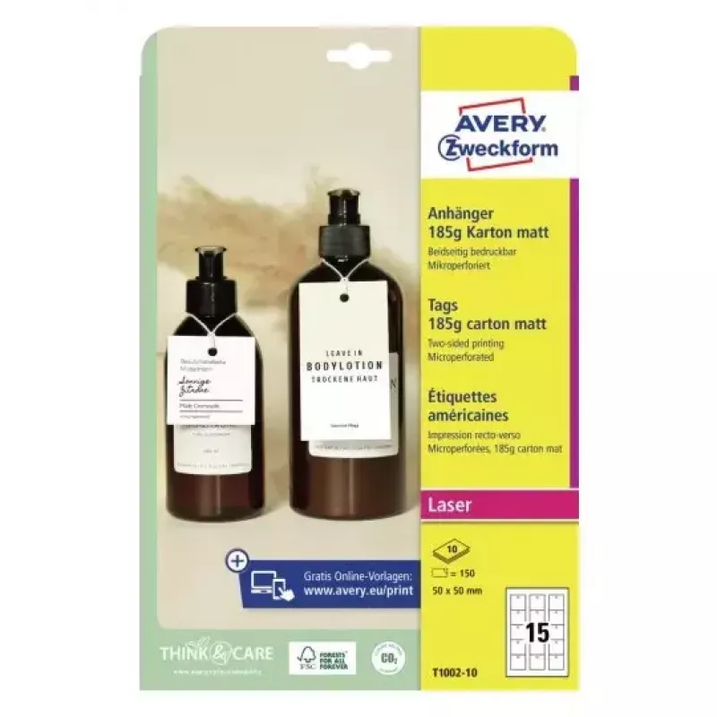 Nelīmējoša printera etiķete Avery T1002-10 Balta 5x5 cm 150 gab.