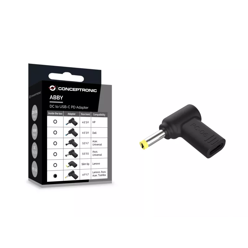 Conceptronic ABBY15PC06 DC uz USB-C adapteris, Lenovo/Asus/Acer/Toshiba 4.0x1.7mm, 18-20V