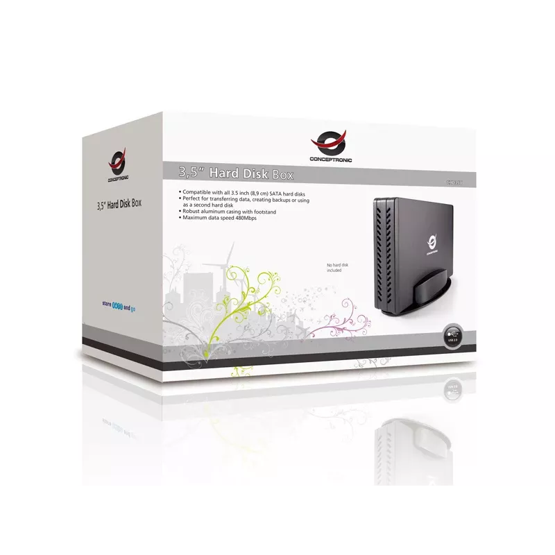 Conceptronic 3,5 collu cietā diska kaste, HDD korpuss, 3,5 collas, Serial ATA, Serial ATA II, Serial ATA III, 0,48 Gbit/s, USB savienojamība, melna