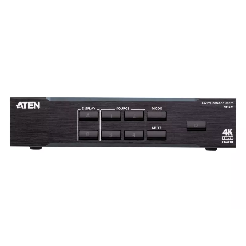 ATEN 4 x 2 True 4K prezentācijas matricas pārslēgs, Multivides prezentācijas matricas pārslēgs, 4096 x 2160 pikseļi, 4096 x 2160, 3840 x 2160, Melna, Metāls, Pogas