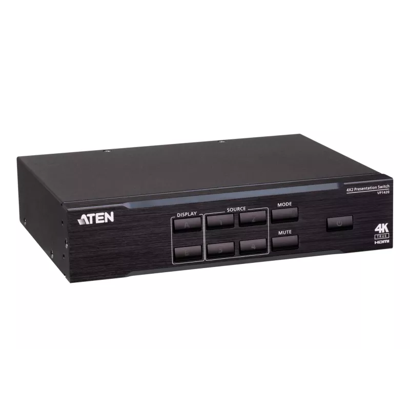 ATEN 4 x 2 True 4K prezentācijas matricas pārslēgs, Multivides prezentācijas matricas pārslēgs, 4096 x 2160 pikseļi, 4096 x 2160, 3840 x 2160, Melna, Metāls, Pogas