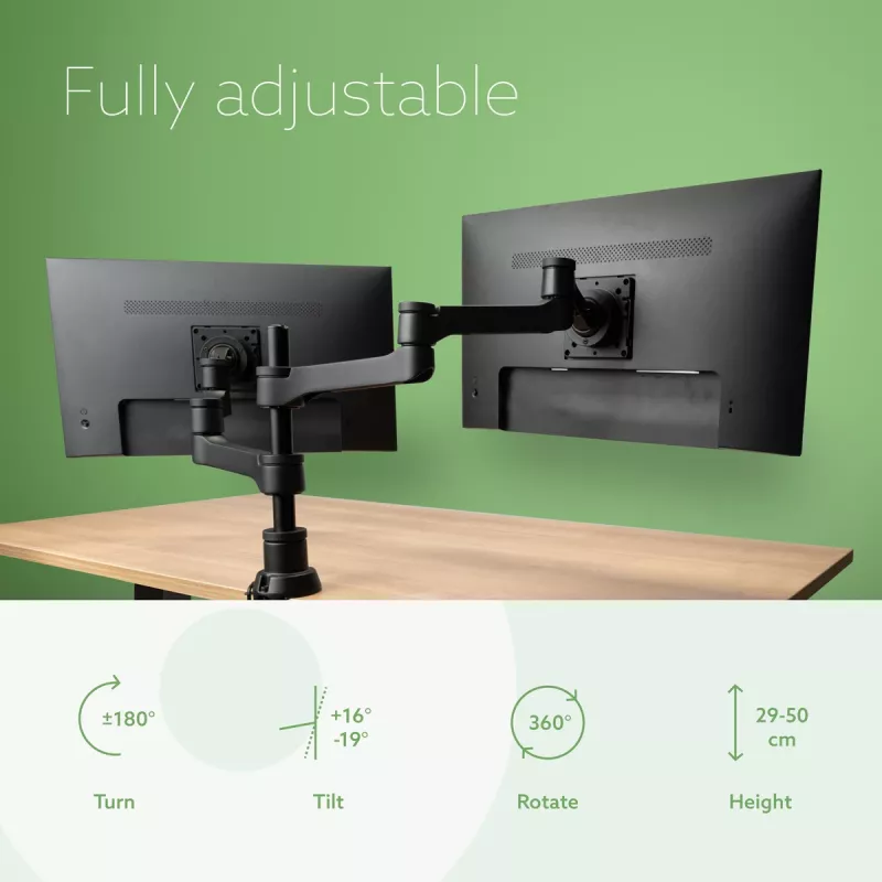 R-Go Tools monitora kronšteins R-Go Zepher Dual, diviem monitoriem, pilnībā regulējams, 0–8 kg kravnesība, 100% apļveida, melns