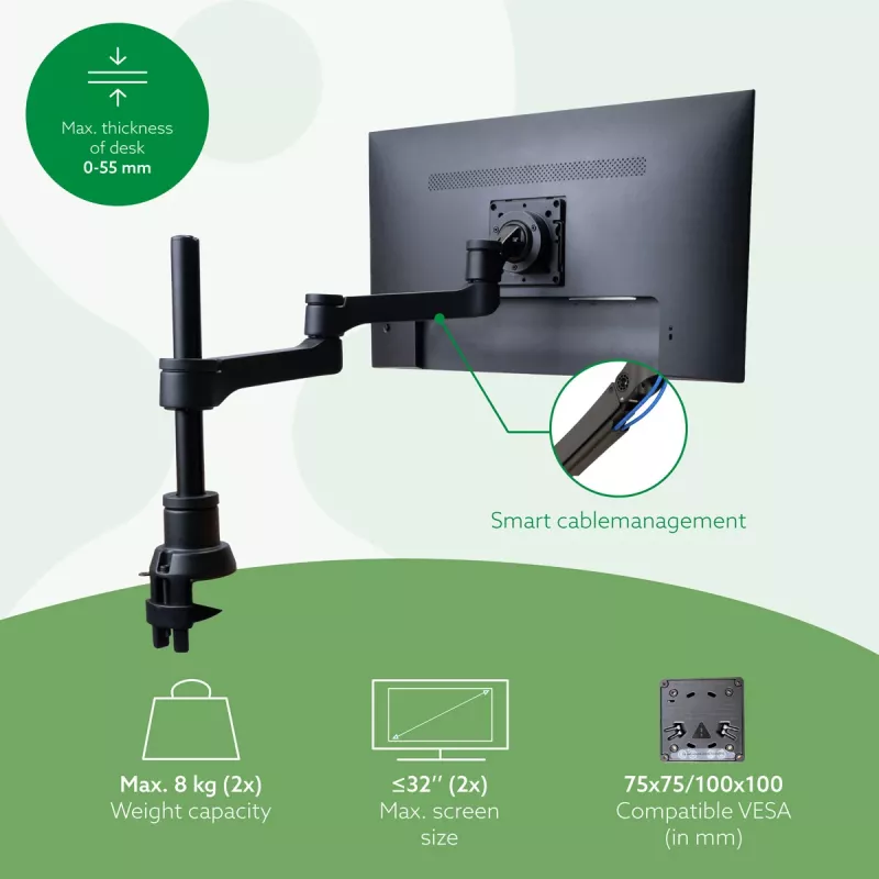 R-Go Tools monitora kronšteins R-Go Zepher Dual, diviem monitoriem, pilnībā regulējams, 0–8 kg kravnesība, 100% apļveida, melns