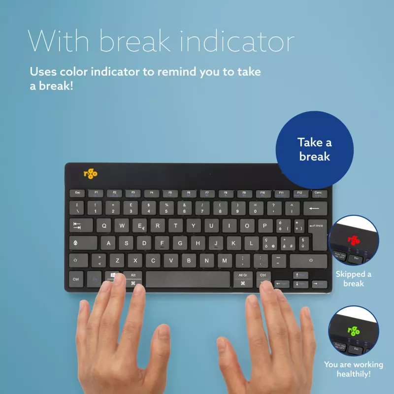 R-Go Tools Ergonomic tastatūra R-Go Compact Break, compact tastatūra, ar pārtraukumu programmatūru, QWERTY (IT), Bluetooth, melna