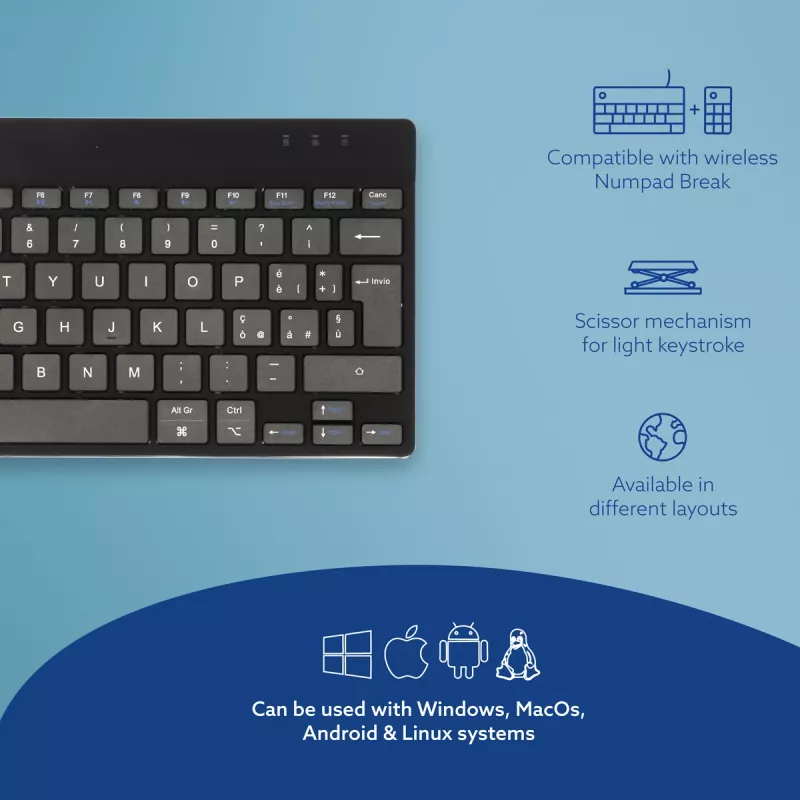 R-Go Tools Ergonomic tastatūra R-Go Compact Break, compact tastatūra, ar pārtraukumu programmatūru, QWERTY (IT), Bluetooth, melna