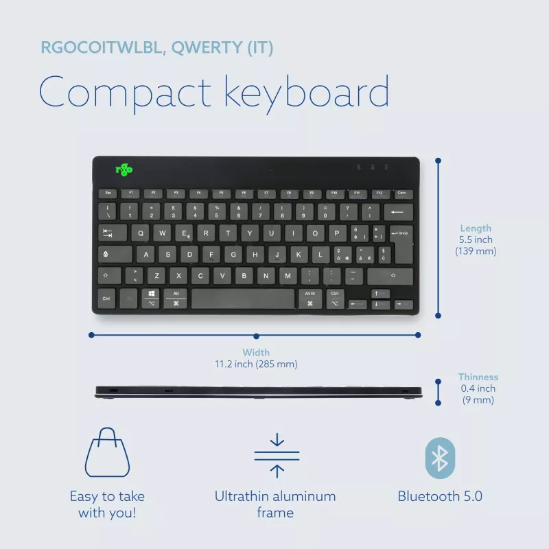 R-Go Tools Ergonomic tastatūra R-Go Compact Break, compact tastatūra, ar pārtraukumu programmatūru, QWERTY (IT), Bluetooth, melna