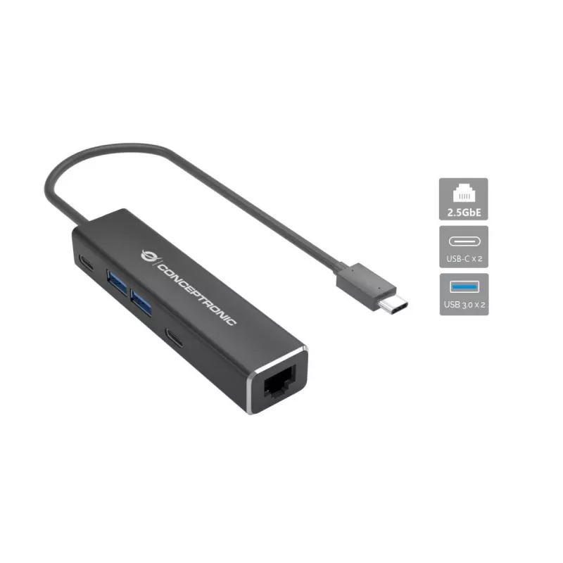 Conceptronic ABBY14B 2.5G Ethernet USB 3.2 Gen 1 adapteris ar USB centrmezglu, 2,5 GbE, 2x USB-A, 2x USB-C