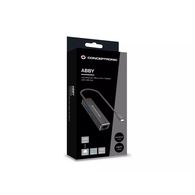 Conceptronic ABBY14B 2.5G Ethernet USB 3.2 Gen 1 adapteris ar USB centrmezglu, 2,5 GbE, 2x USB-A, 2x USB-C