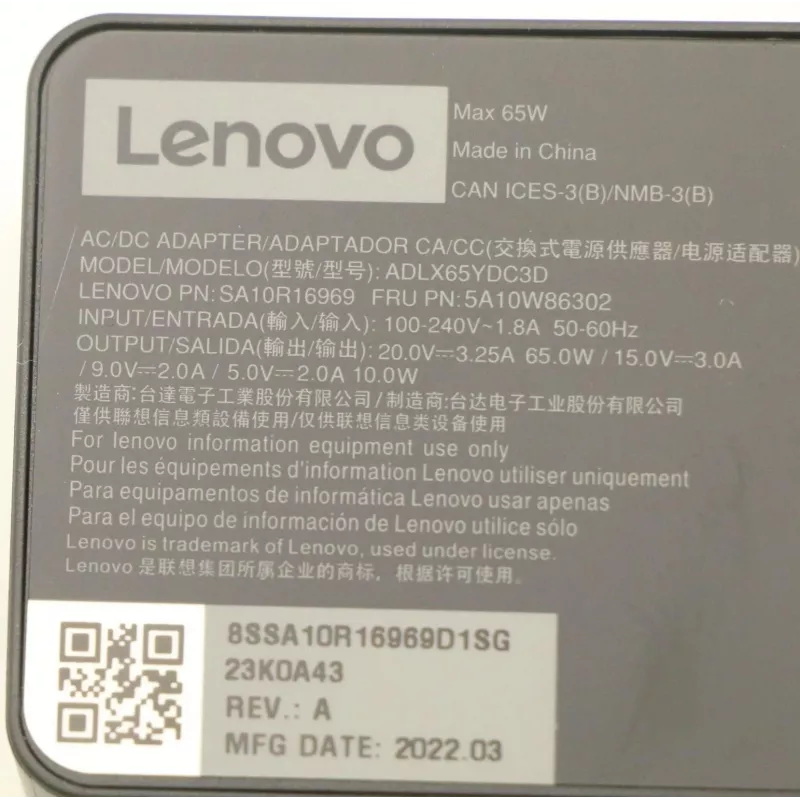 Lenovo 5A10W86302 strāvas adapteris Iekštelpu 65 W Melns