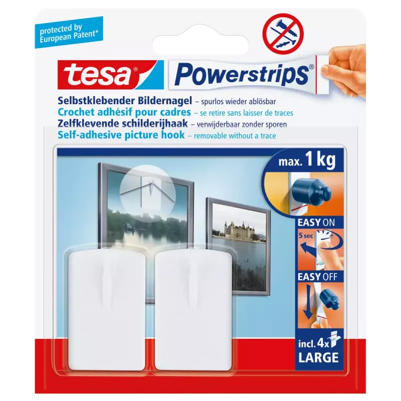 Sienas glabāšanas āķis Tesa 58031-00020 Balta plastmasa, maks. slodze 1 kg, 2 gab. iepakojumā