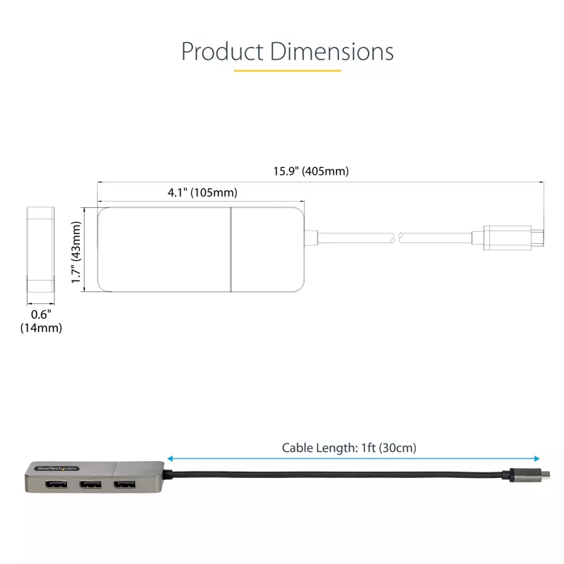 StarTech.com 3-Port USB-C Multi-Monitor Adapter, USB Type-C to 3x DisplayPort 1.4 MST Hub, Triple 4K 60Hz DP Laptop Display Extender / Splitter, HDR, Extra-Long Built-In kabelis - Windows Only