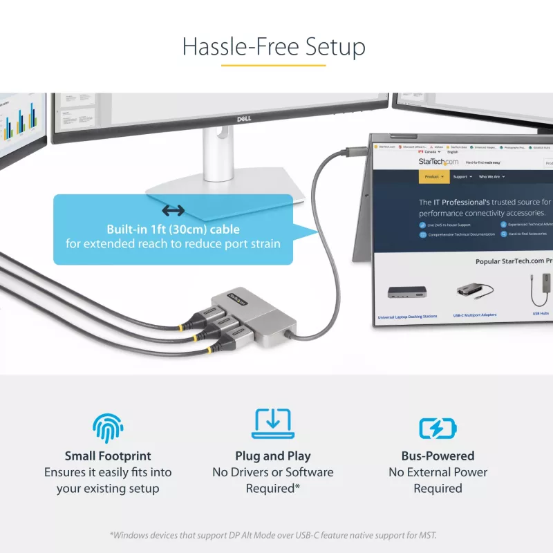 StarTech.com 3-Port USB-C Multi-Monitor Adapter, USB Type-C to 3x DisplayPort 1.4 MST Hub, Triple 4K 60Hz DP Laptop Display Extender / Splitter, HDR, Extra-Long Built-In kabelis - Windows Only