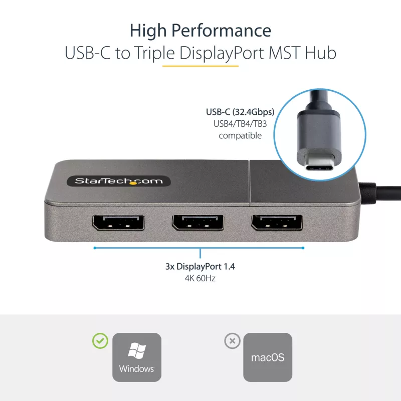 StarTech.com 3-Port USB-C Multi-Monitor Adapter, USB Type-C to 3x DisplayPort 1.4 MST Hub, Triple 4K 60Hz DP Laptop Display Extender / Splitter, HDR, Extra-Long Built-In kabelis - Windows Only