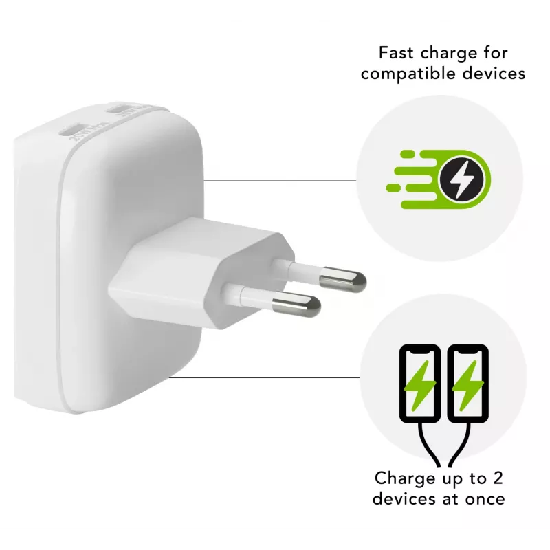 Wall Charger d bramante re-charge Pro EU plakans 2×USB-C 20W balta (indoor)