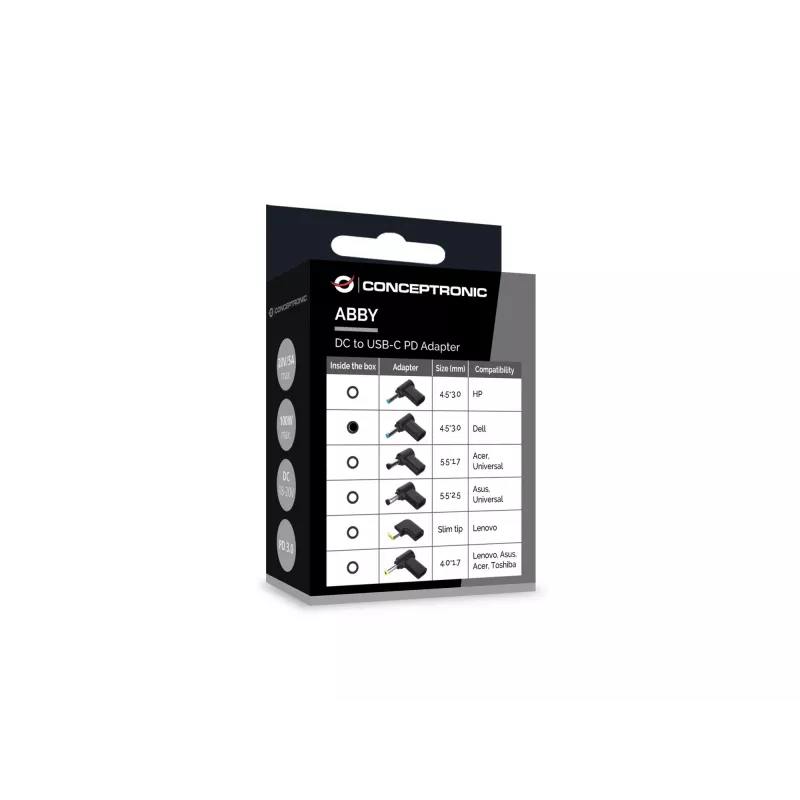 Conceptronic ABBY15PC02 DC uz USB-C adapteris, Dell 4.5x3.0mm, 18-20V