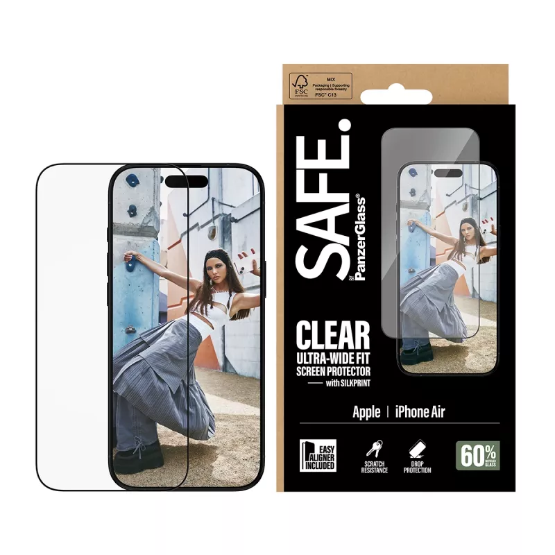 Ekrāna aizsargs PanzerGlass SAFE, paredzēts iPhone 17 Ultra‑Wide Fit ar melnu rāmi