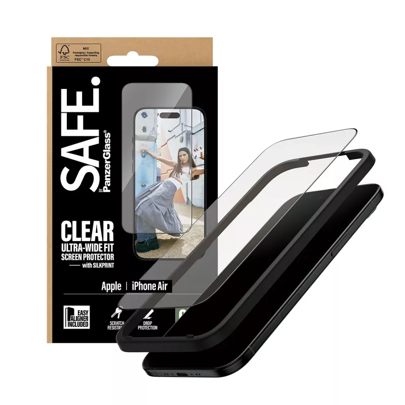 Ekrāna aizsargs PanzerGlass SAFE, paredzēts iPhone 17 Ultra‑Wide Fit ar melnu rāmi